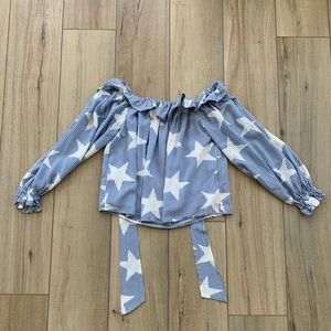 Azulu patterned off the shoulder blouse with back tie, L